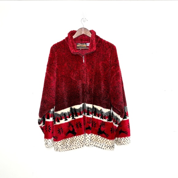VTG Unisex Cobblestone Canyon Fleece Jacket Zip-Up Red Reindeer Made in USA 2X - Picture 1 of 6
